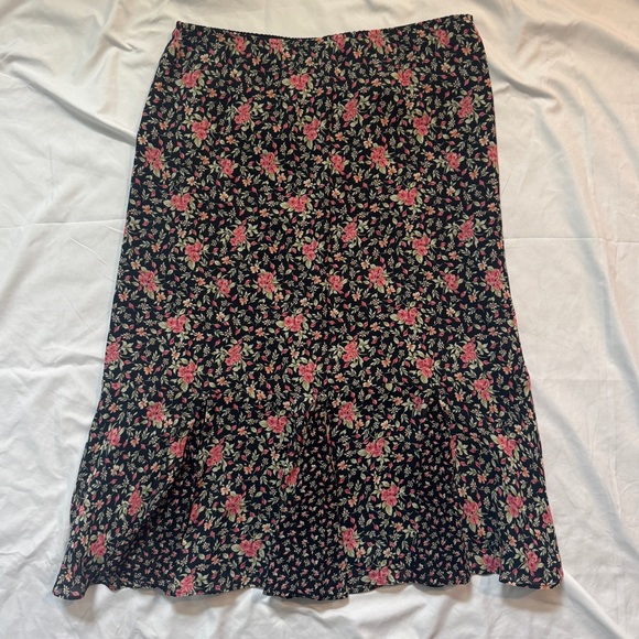 Vintage Floral Black and Pink Women's Midi Skirt, Fairy Cottagecore Milkmaid - Picture 2 of 5